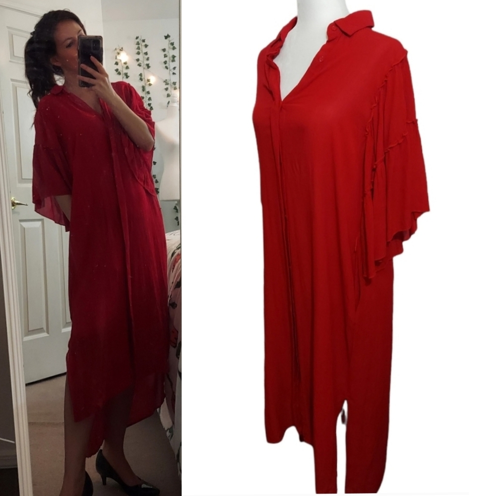 Zara Maxi Shirt Dress Pockets Red Size Small